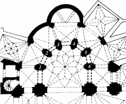 ESQUEMA DE LA CABECERA, CON PILASTRAS NUMERADAS